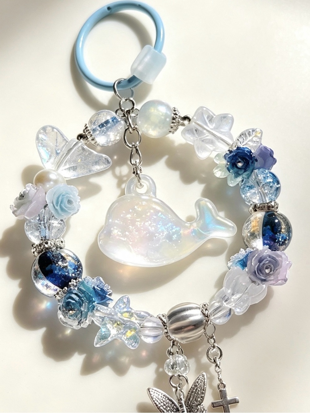 Ocean Blue Iridescent Beaded Keyring with glowing in the dark floral